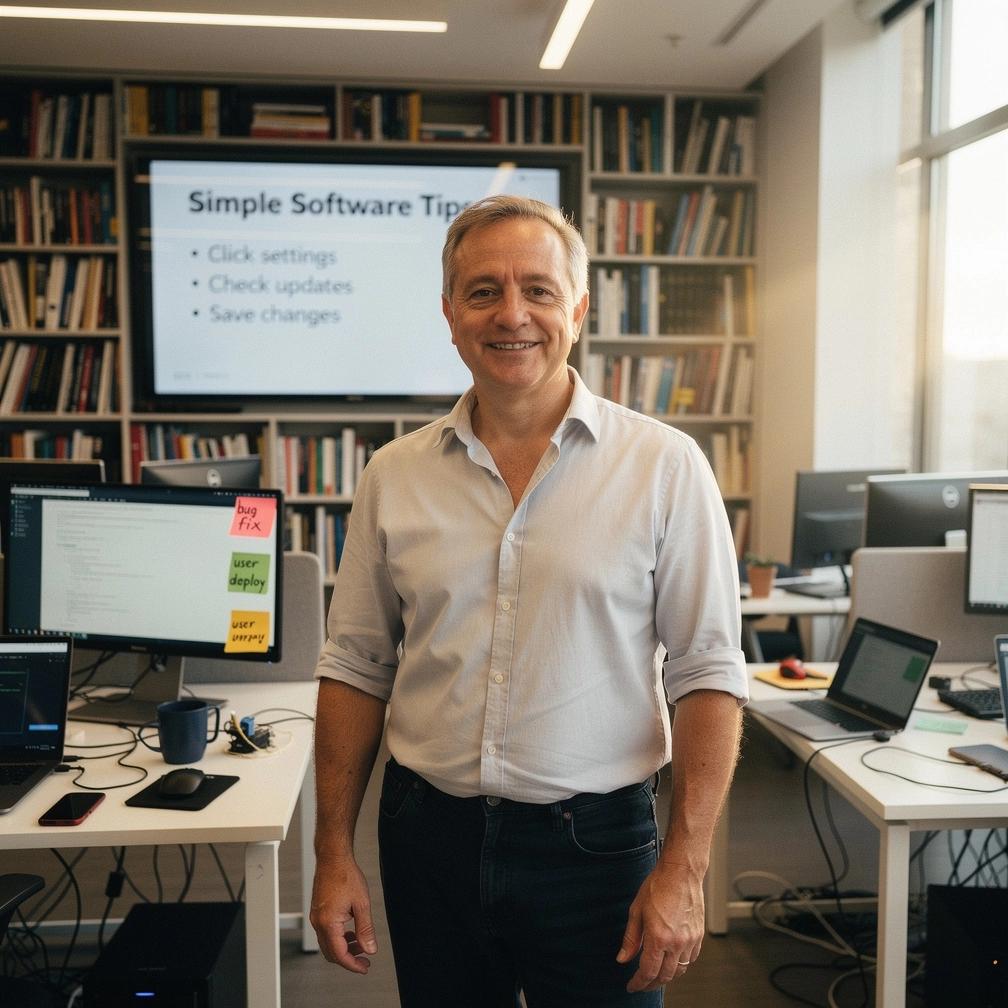 Close-up of a person using a laptop with clear icons representing user-friendly software tutorials on the screen.