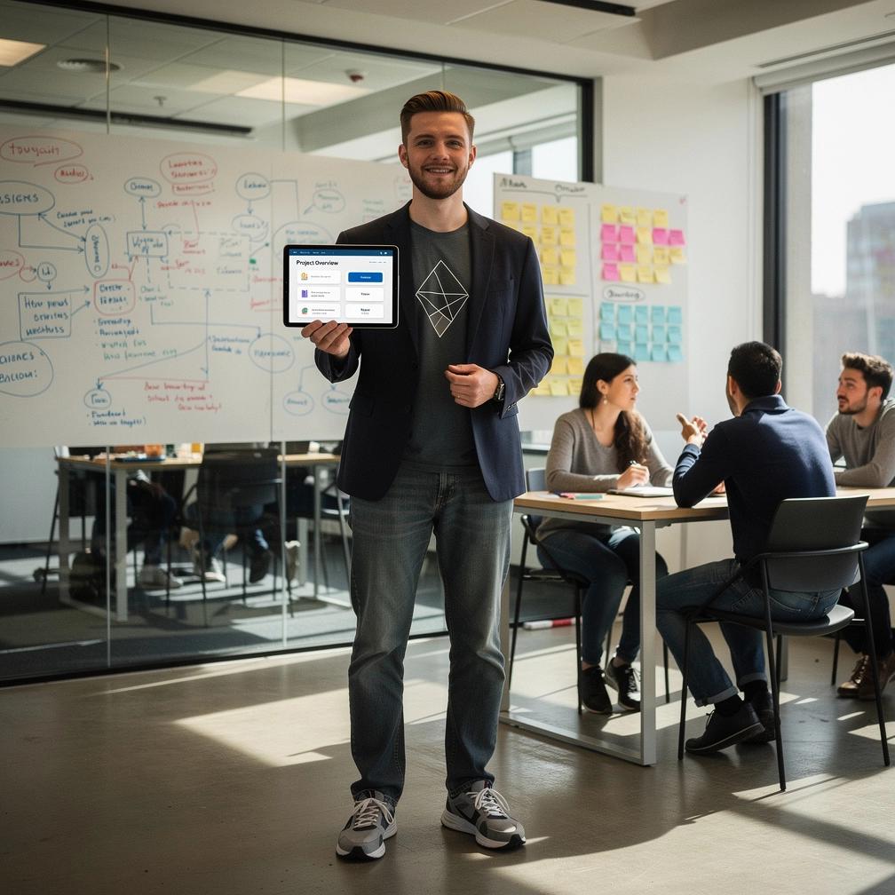 Photo of a diverse group of adults engaging in a casual tech workshop, learning practical software skills in a bright, welcoming environment.